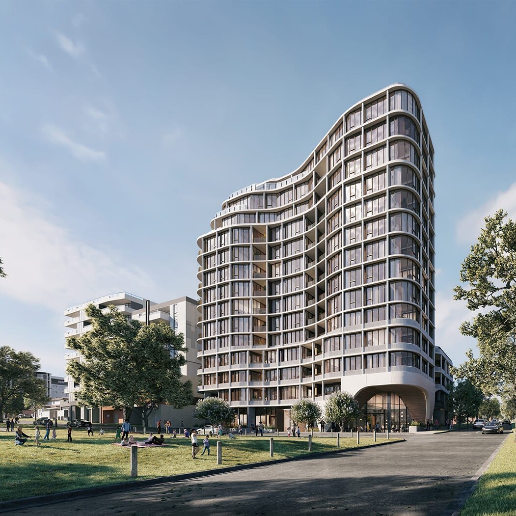 A render of a 15-level, 106 apartment residential development within Box Hill, VIC