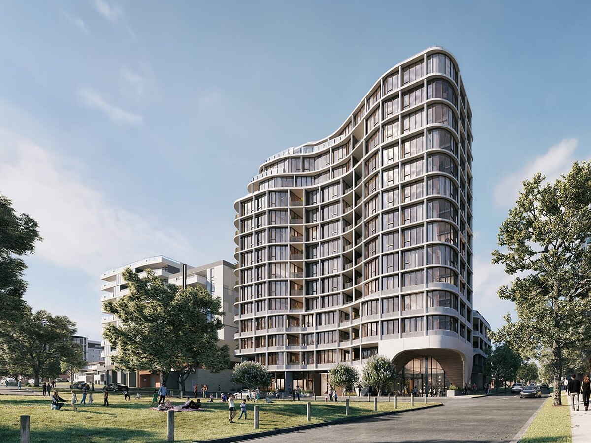 A render of a 15-level, 106 apartment residential development within Box Hill, VIC