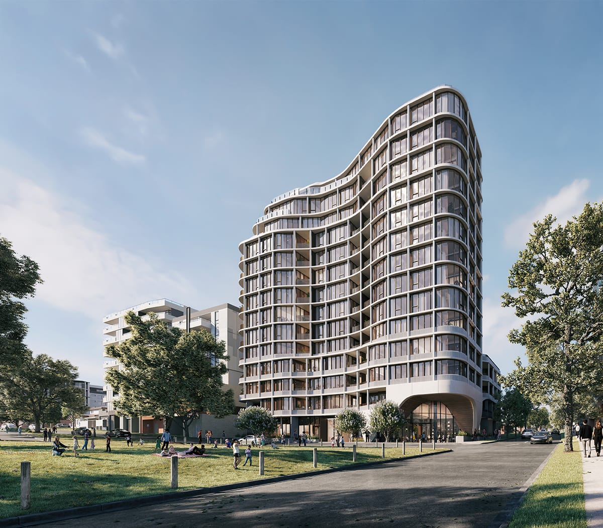 A render of a 15-level, 106 apartment residential development within Box Hill, VIC