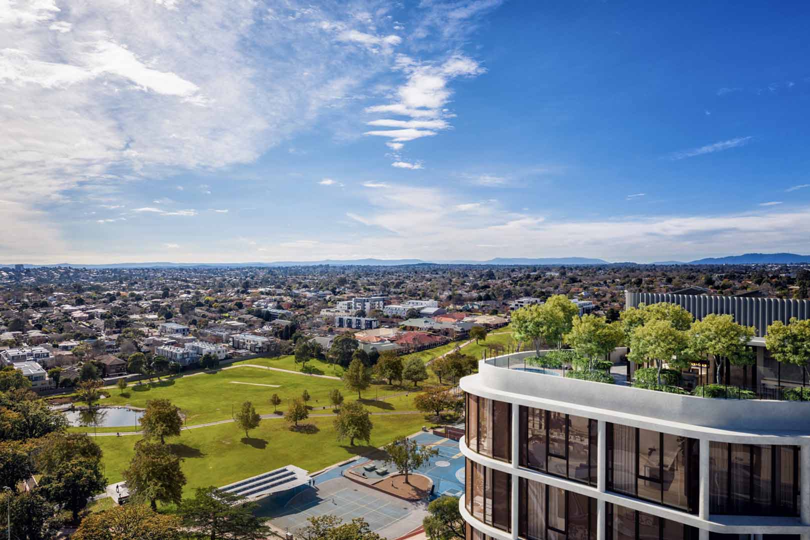 A render of a 15-level, 106 apartment residential development within Box Hill, VIC
