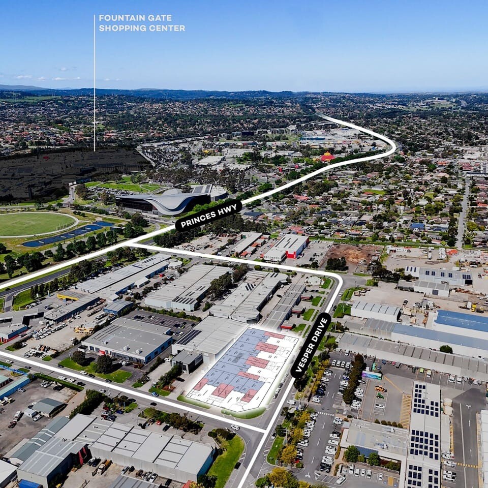 An aerial view of a development site in Narre Warren, VIC, planned for a 10-unit warehouse project