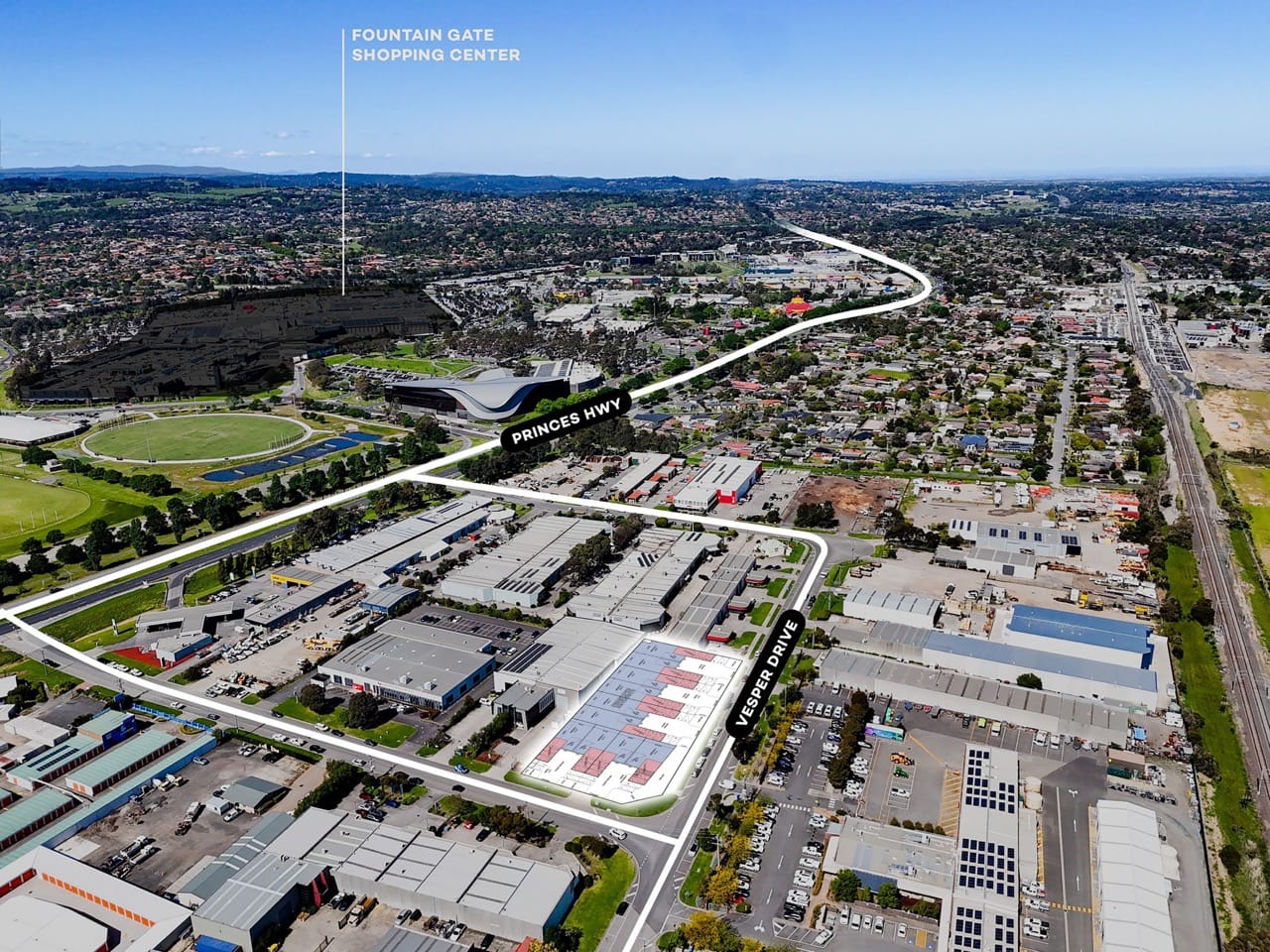 An aerial view of a development site in Narre Warren, VIC, planned for a 10-unit warehouse project