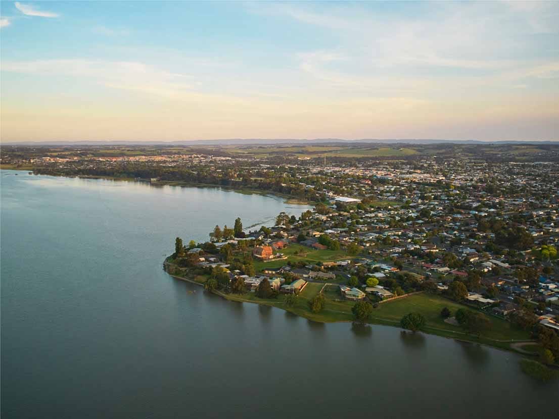 An aerial across Lake Colac in Colac, VIC